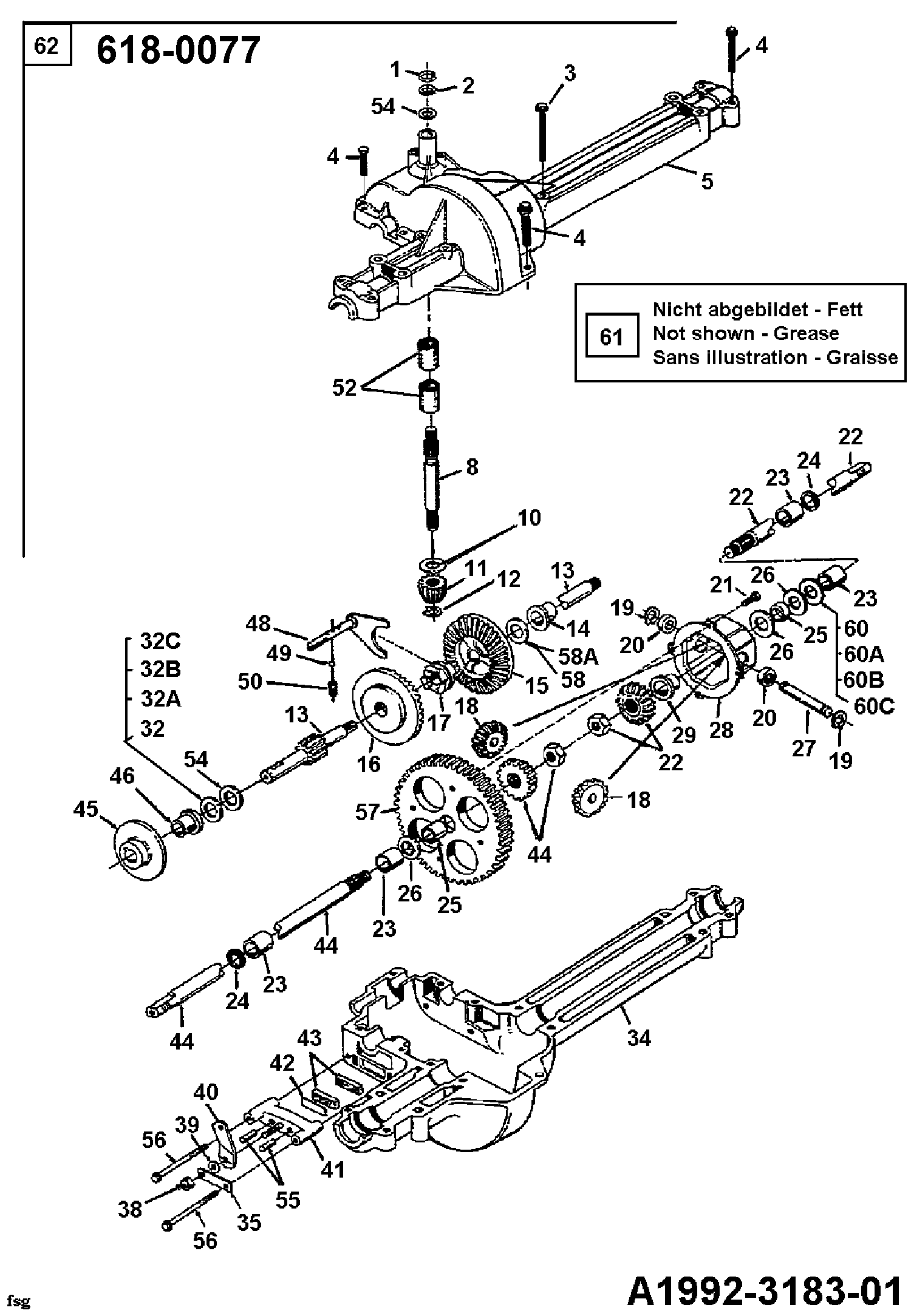 Yard-Man, Rasentraktoren, TC 4130, 135N473C643 (1995), Getriebe 618-0077, MTD Ersatzteil-Zeichnungen