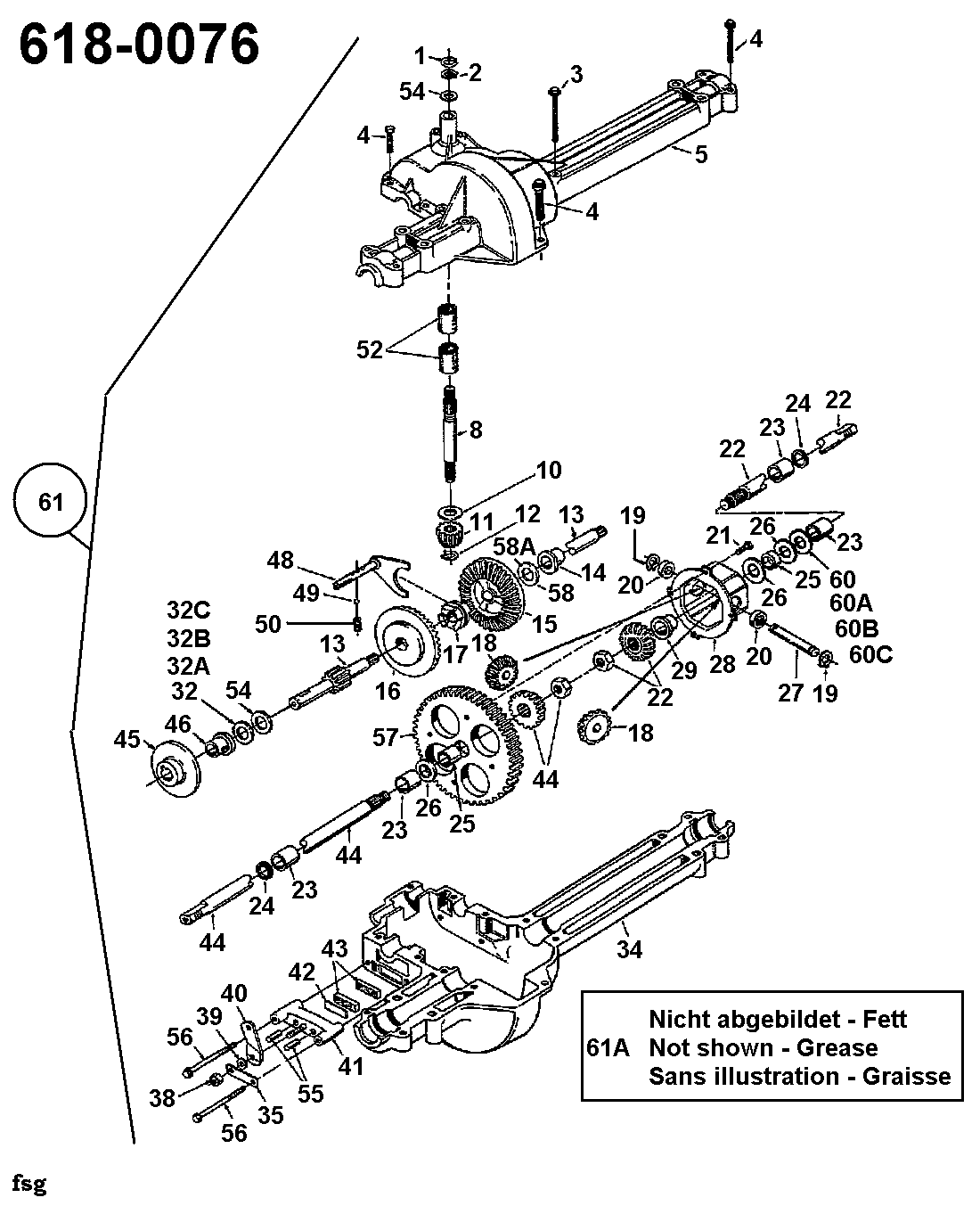 Yard-Man, Rasentraktoren, TC 4130, 135N473C643 (1995), Getriebe 618-0076, MTD Ersatzteil-Zeichnungen
