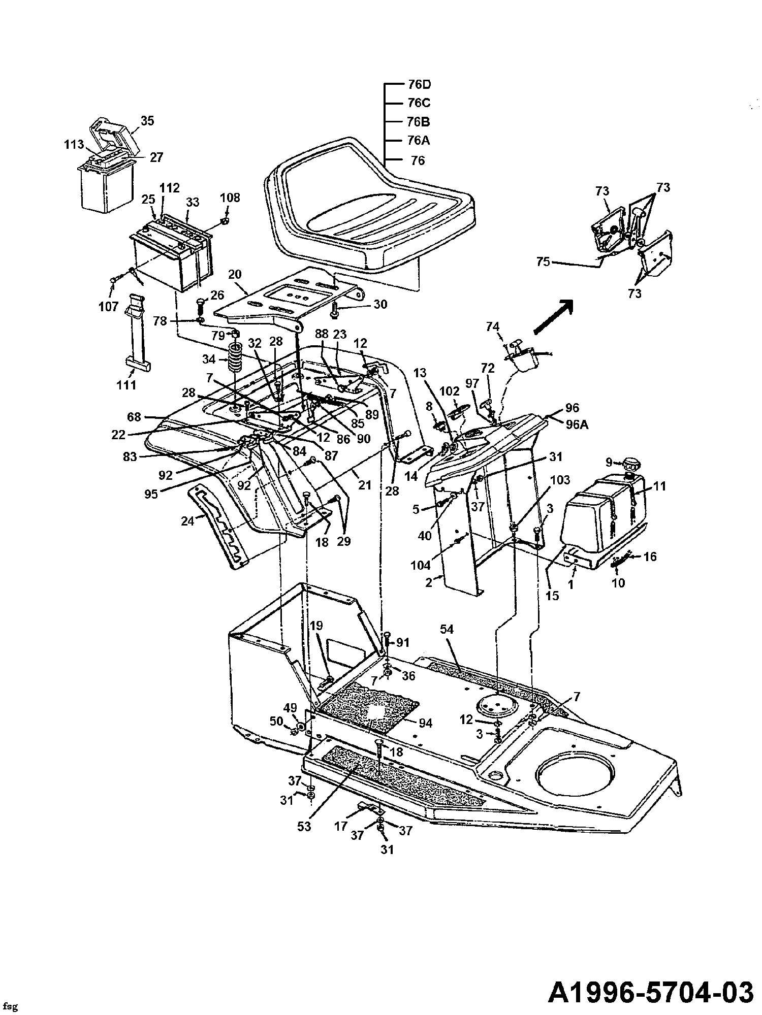 MTD, Rasentraktoren, J 130, 136N475A678 (1996), Batterie, Sitz, Sitzwanne, Tank, MTD Ersatzteil-Zeichnungen