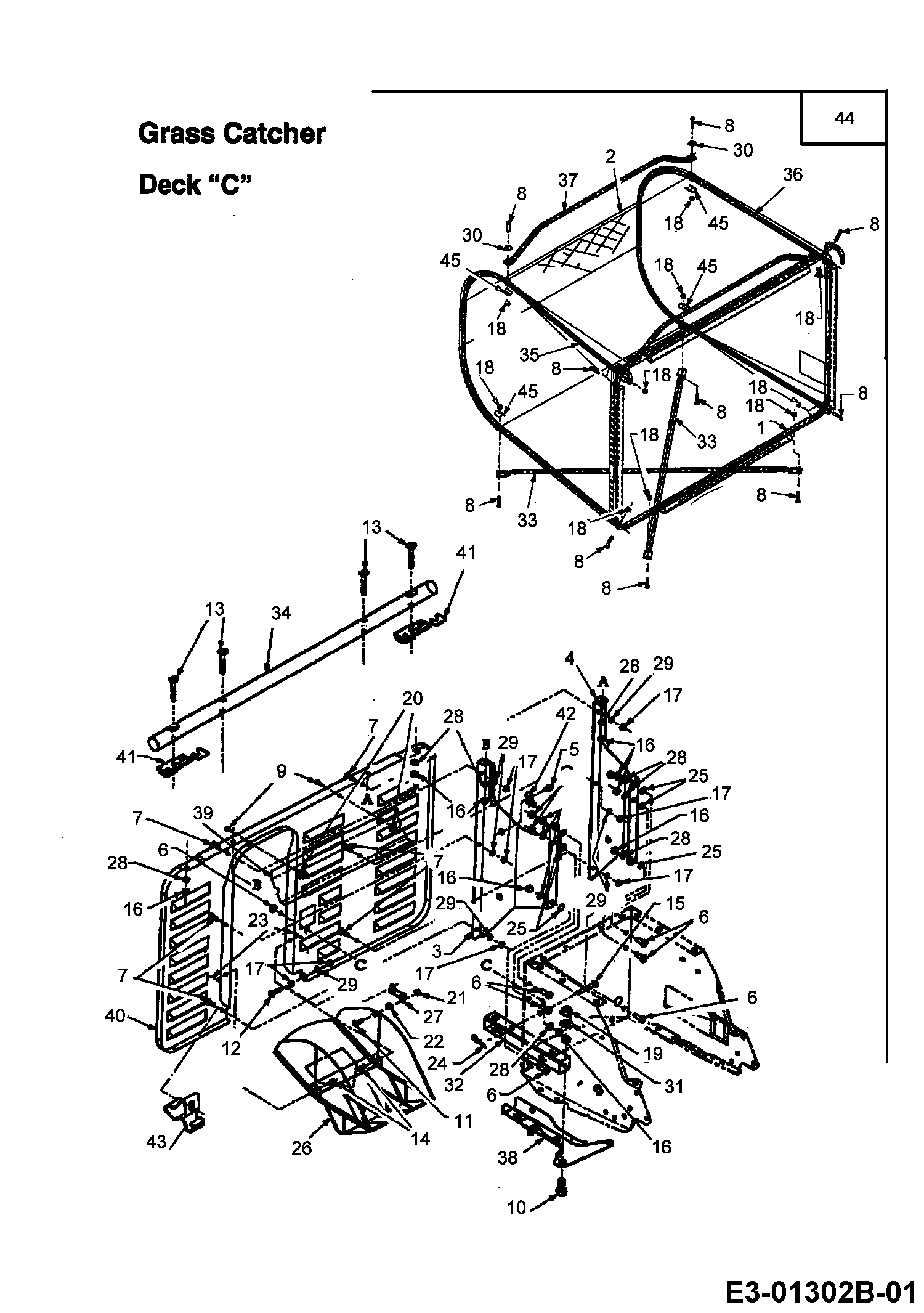 Raiffeisen, Rasentraktoren, RMH 12.5-76, 13AL452C628 (2000), Grasfangkorb, MTD Ersatzteil-Zeichnungen