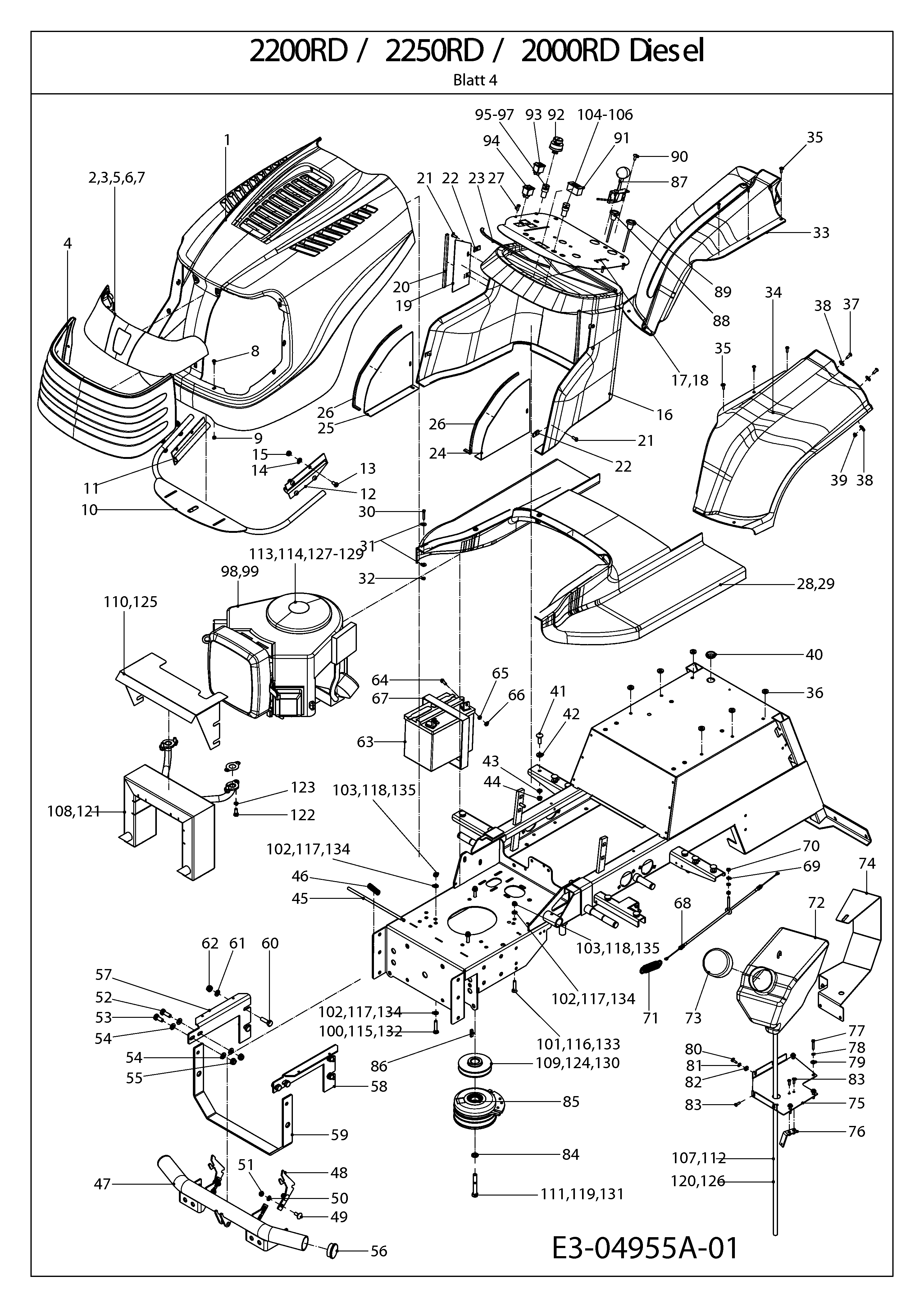Cub Cadet, Kompakttraktoren, CC 2250 RD, 54A1F7R-603 (2008), Armaturenbrett, Batterie, Motorhaube, Tank, MTD Ersatzteil-Zeichnungen