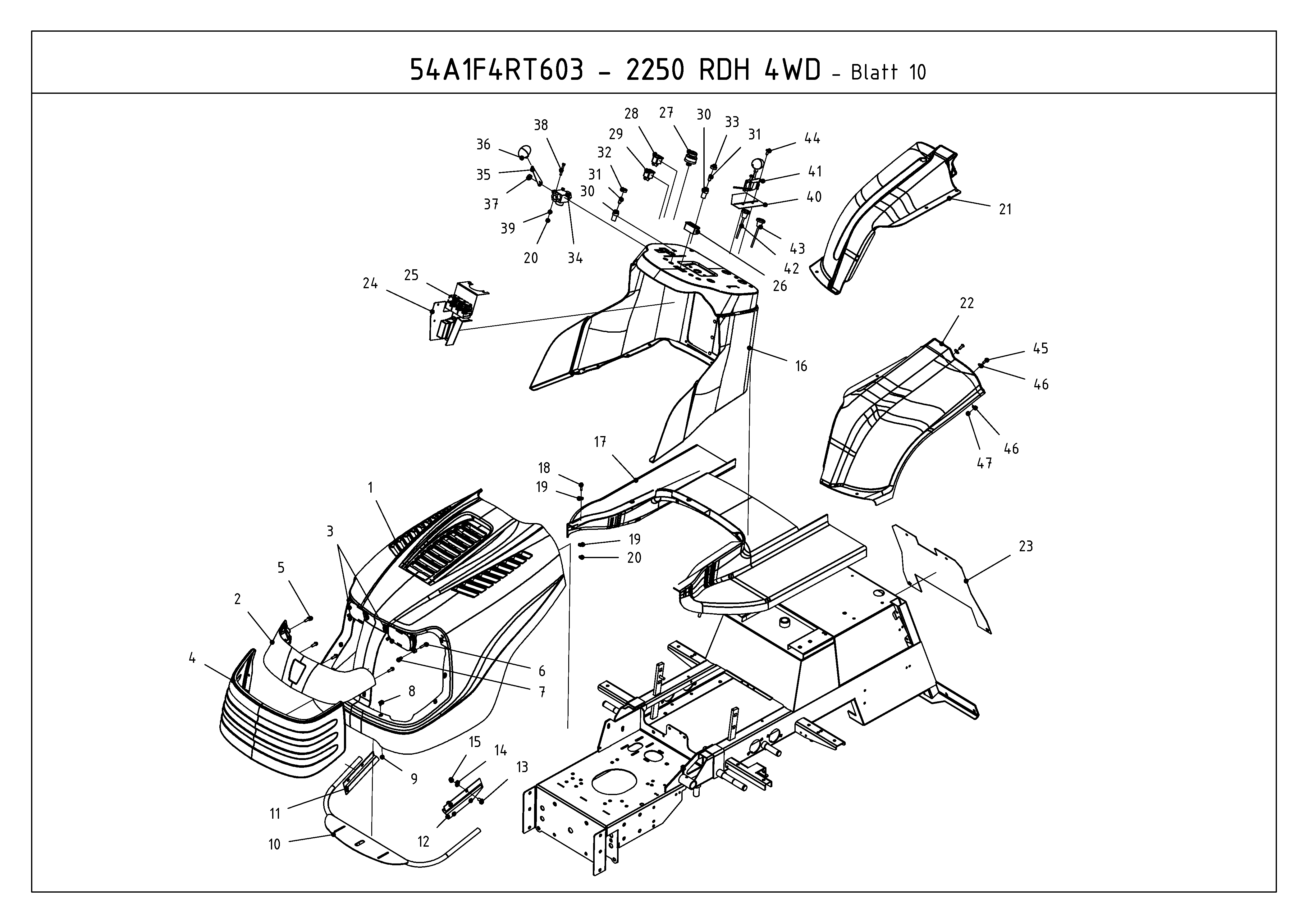 Cub Cadet, Kompakttraktoren, CC 2250 RD 4 WD, 54A1F4RS603 (2010), Armaturenbrett, Motorhaube, MTD Ersatzteil-Zeichnungen