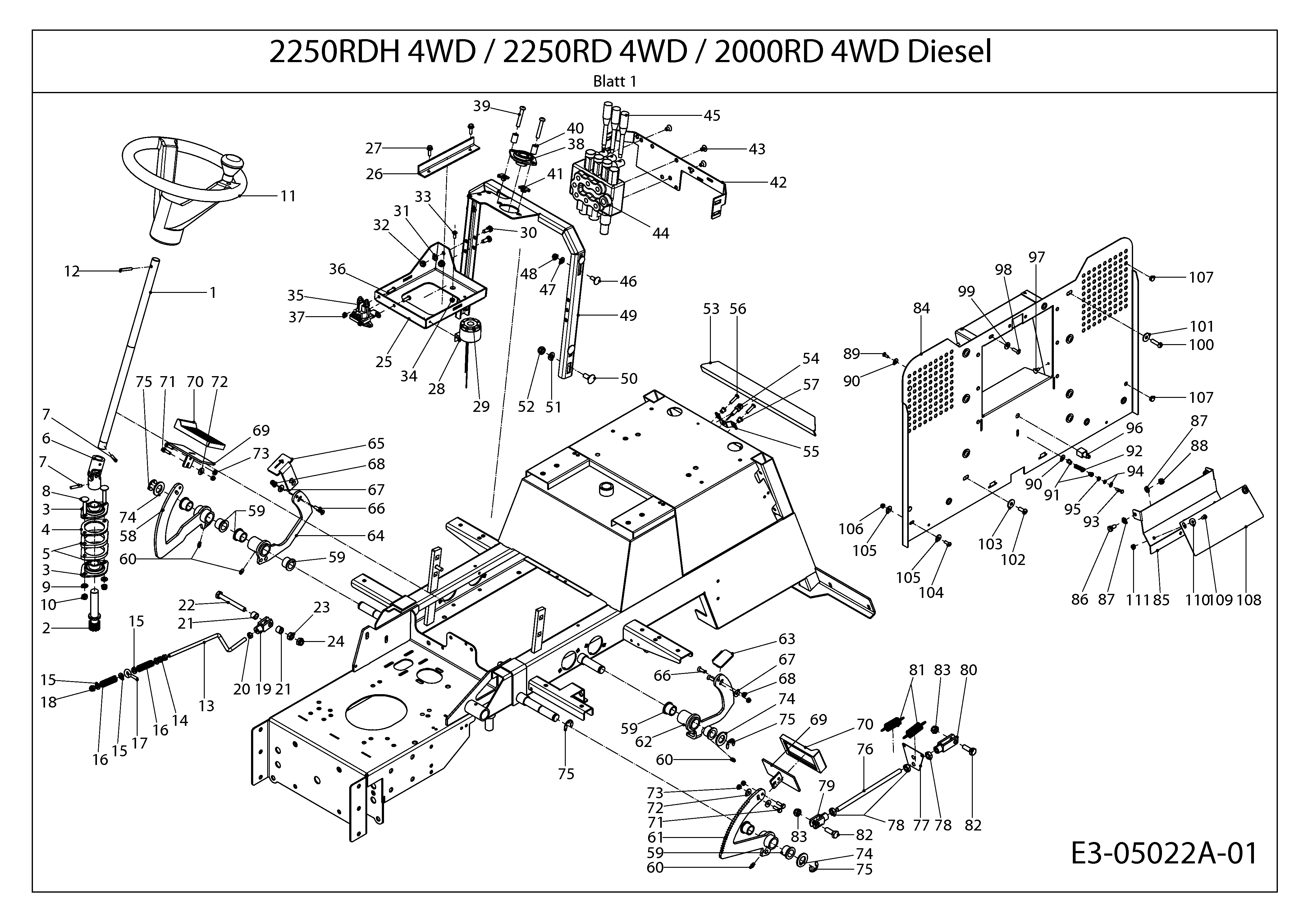 Cub Cadet, Kompakttraktoren, CC 2000 RD 4 WD, 54A1F4SS603 (2008), Heckplatte, Lenksäule, Pedale, MTD Ersatzteil-Zeichnungen