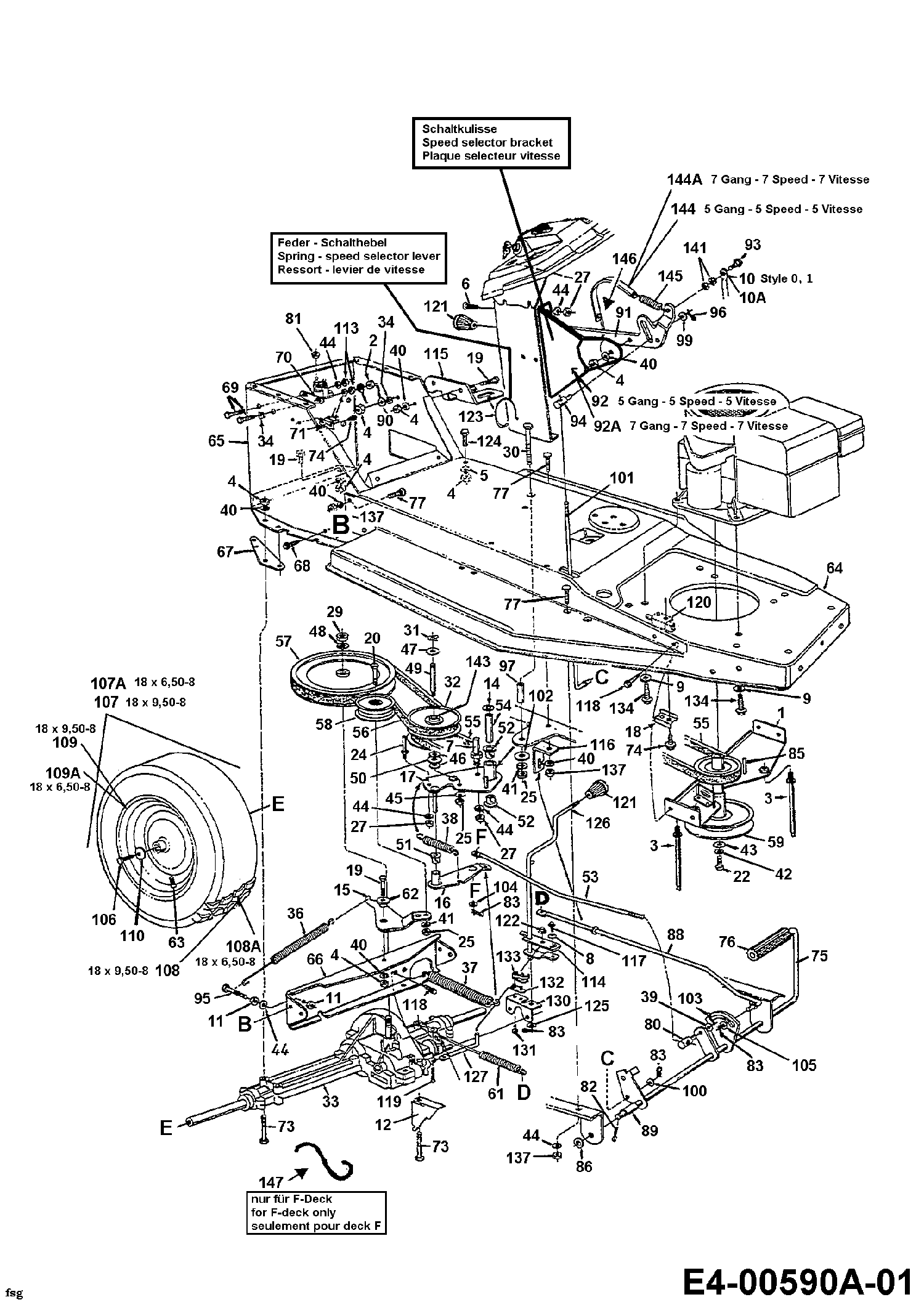 MTD, Rasentraktoren, J/130, 13AY478A678 (1998), Fahrantrieb, Motorkeilriemenscheibe, Pedal, Räder hinten, MTD Ersatzteil-Zeichnungen